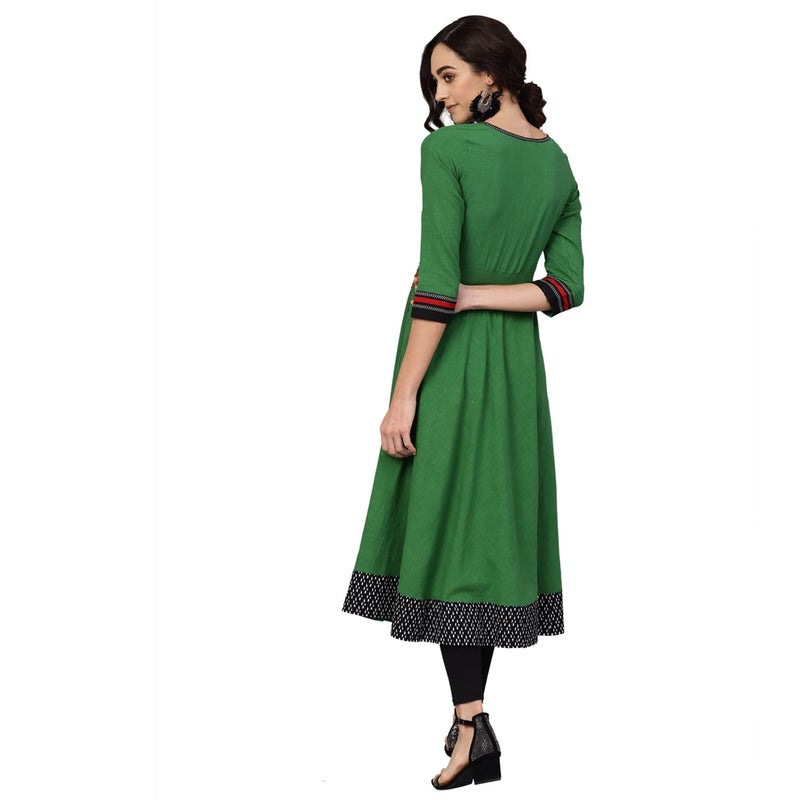 Yash Gallery Women's Cotton Slub Embroidered 3/4 Sleeve Round Neck Anarkali Kurtis (Medium, Green) - Image 4